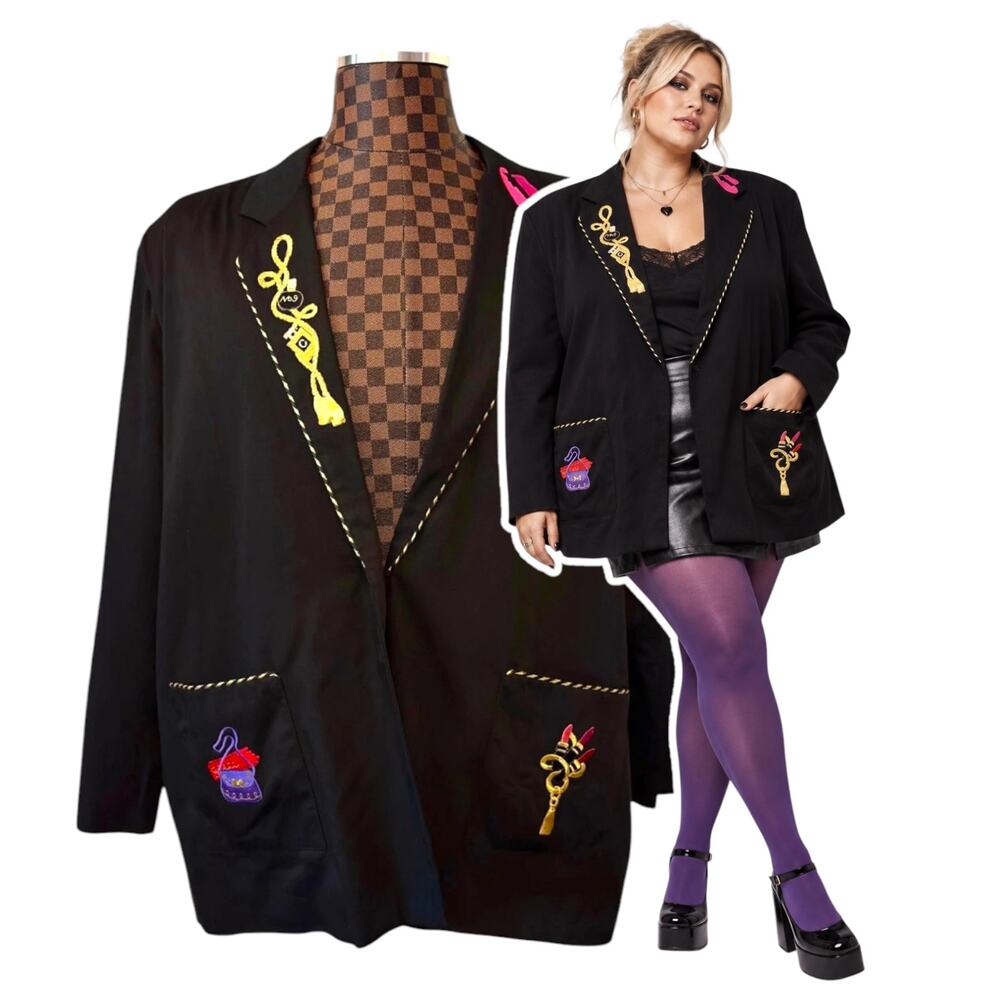 Whimsical Beauty Blazer Jacket Plus Size 26 Black Gold Kitsch Vtg Susan Graver